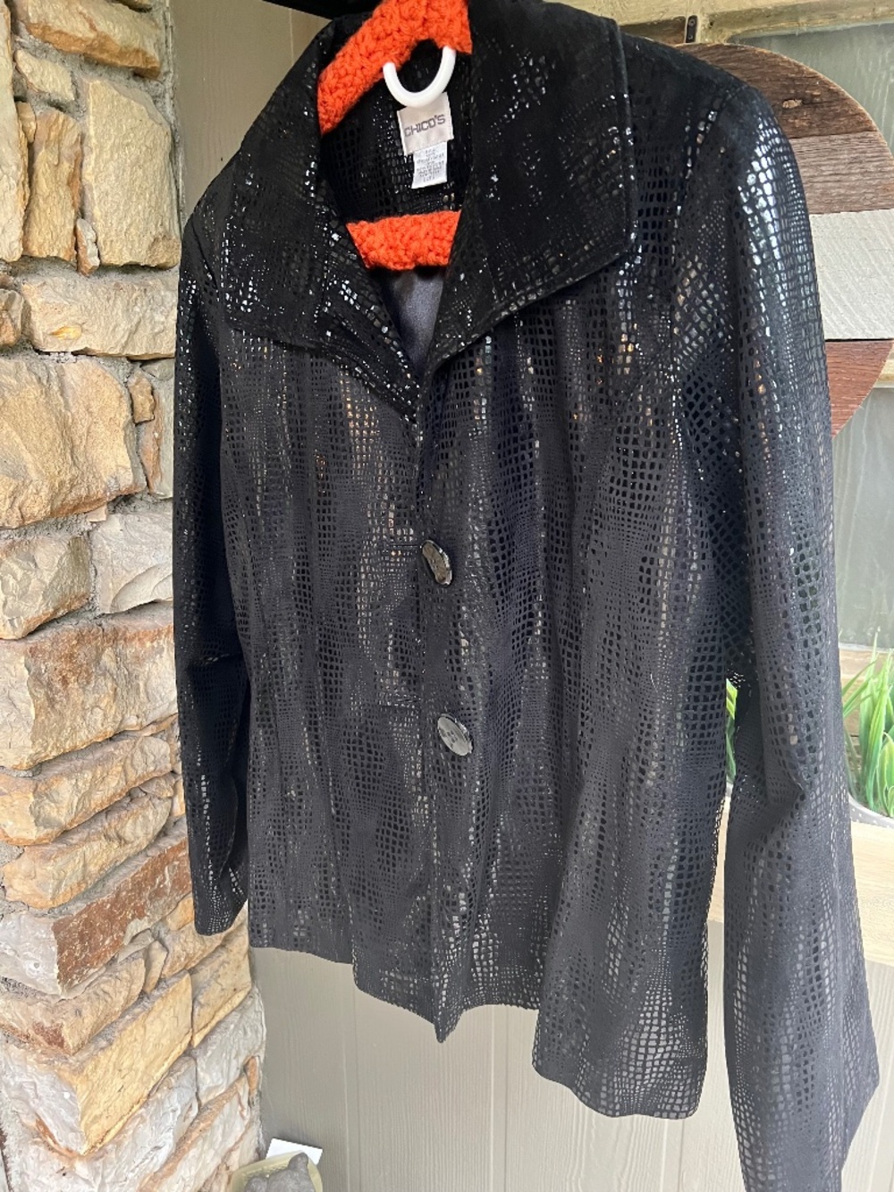 Chicos Black Leather Buttoned Jacket Size (Chicos 2) Shiny Textured Dressy
